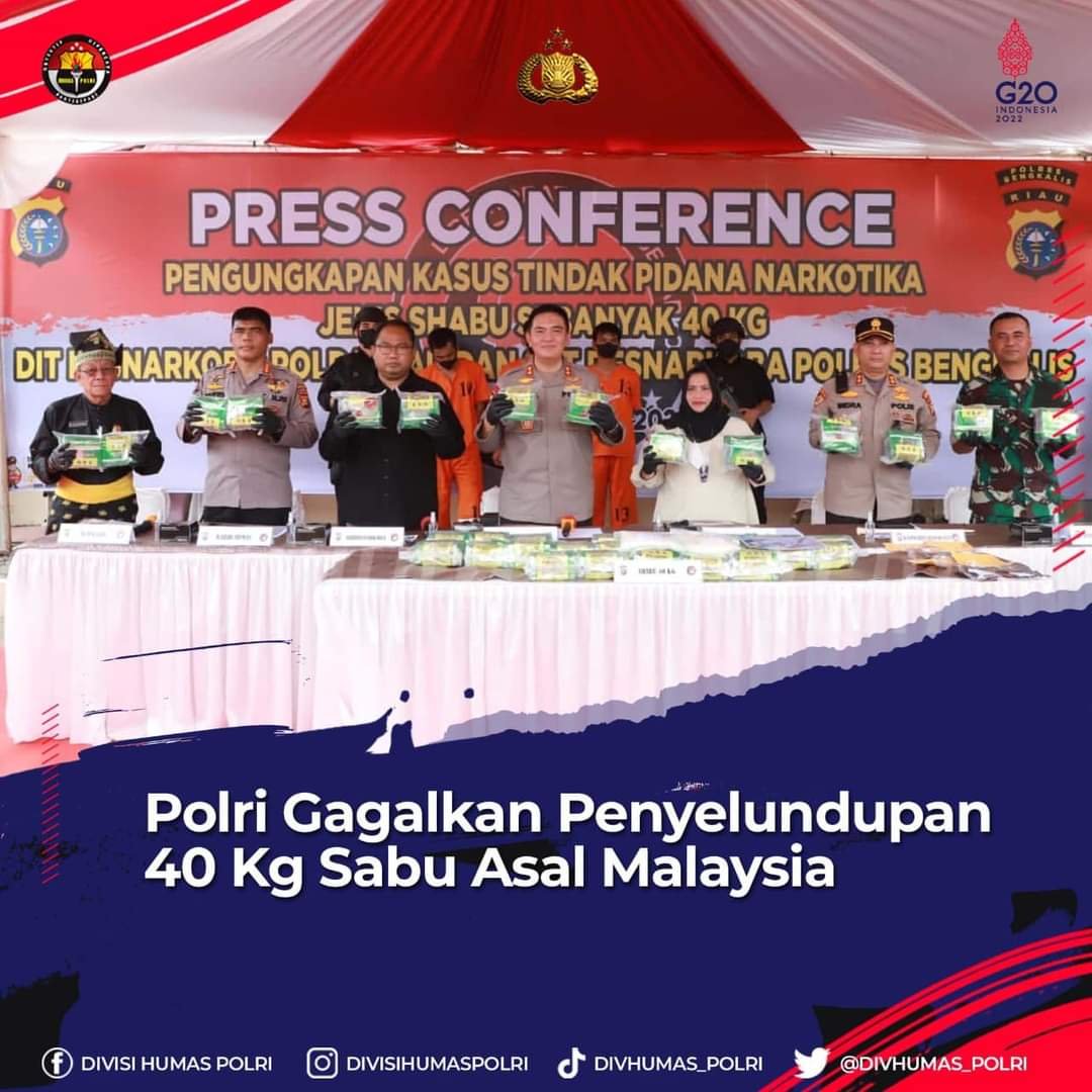 Polri Kembali Gagalkan Penyelundupan 40 Kg Sabu Asal Malaysia