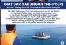 Ditpolairud Polda Sulut dan Tim Gabungan Berhasil Evakuasi Jasad Fadel Surupati di Perairan Sangihe